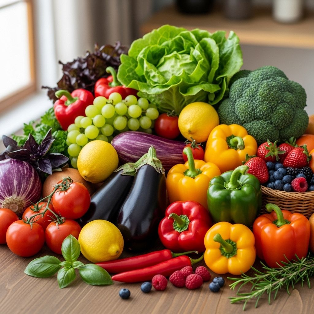 Assortiment coloré d'aliments riches en macronutriments — noix, légumineuses, grains entiers, filets de poisson et légumes verts — disposés sur une surface en ardoise naturelle