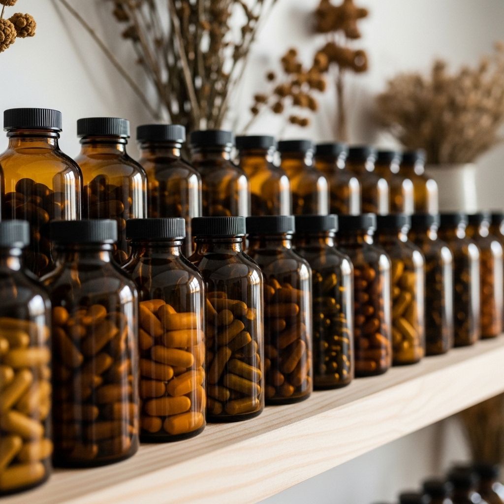 Rangées de bouteilles de compléments alimentaires en verre ambré sur une étagère en bois naturel, avec des plantes et des herbes séchées en arrière-plan, éclairage doux et naturel