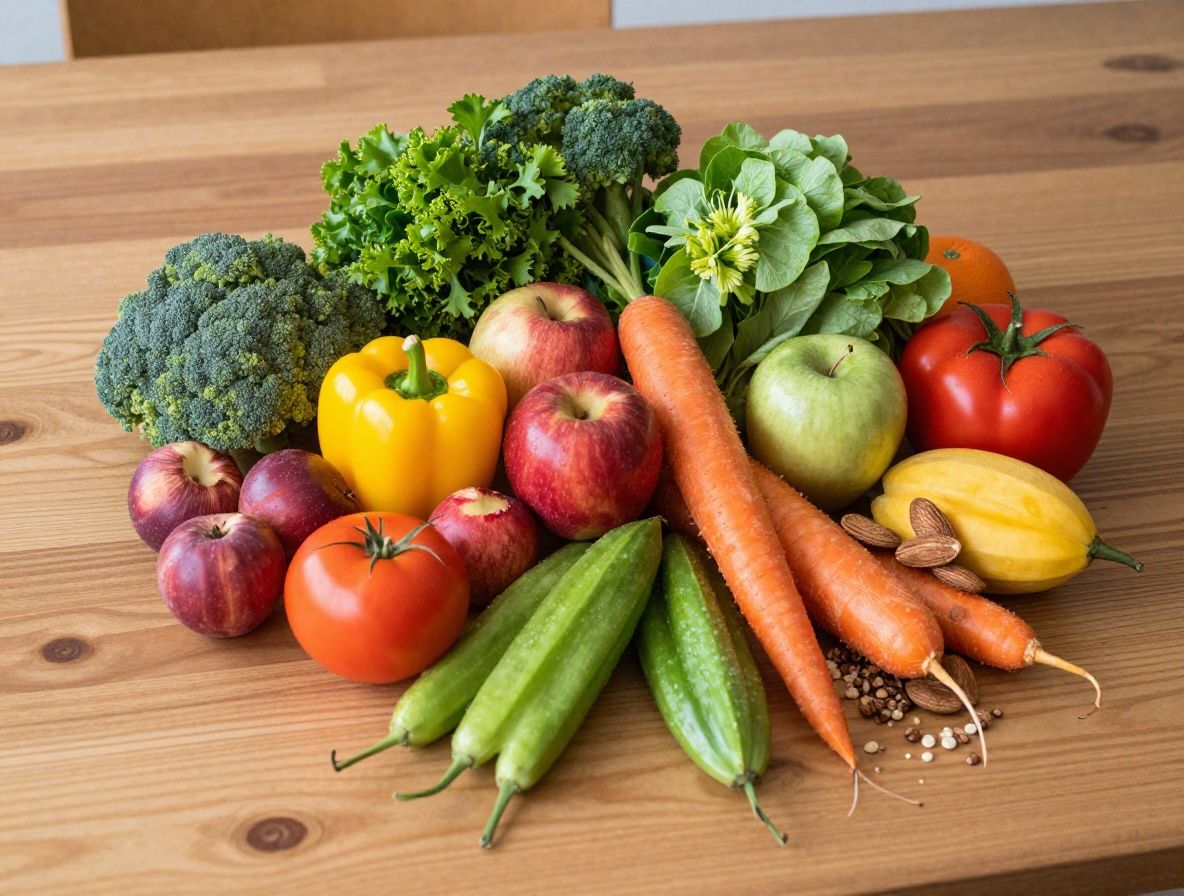 Table en bois garnie de légumes frais colorés, fruits, noix et céréales complètes arrangés harmonieusement sur fond blanc naturel